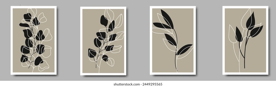 Set of Minimalist botanical composition with leaves abstract collage