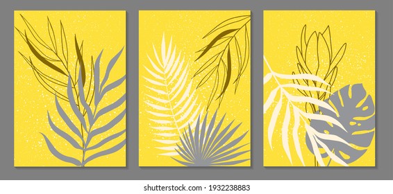 A set of minimalist botanical illustrations in gray and yellow tones. Suitable for posters, greeting cards, corporate cards and invitations, book covers and notebooks. Trendy colors of 2021