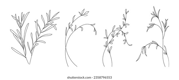 Set of minimalist botanical leaves branch. Hand drawn line elegant leaves vector suitable for logo design, tattoo, weddings, save the date, thank you, or greeting card. brush included in file.