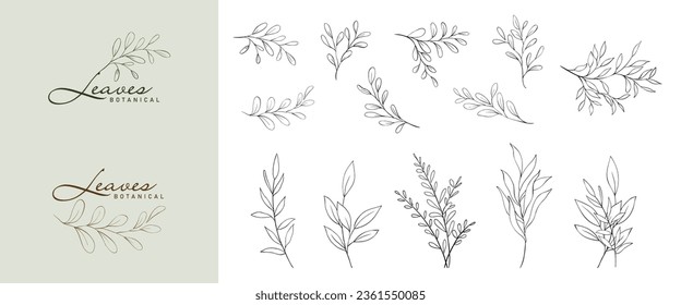 Set of minimalist botanical leaves branch. Hand drawn line elegant leaves vector suitable for logo design, tattoo, weddings, save the date, thank you, or greeting card. brush included in file.