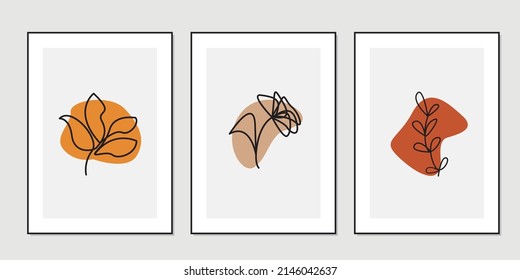 Set of minimalist botanical line art composition with leaves abstract collage