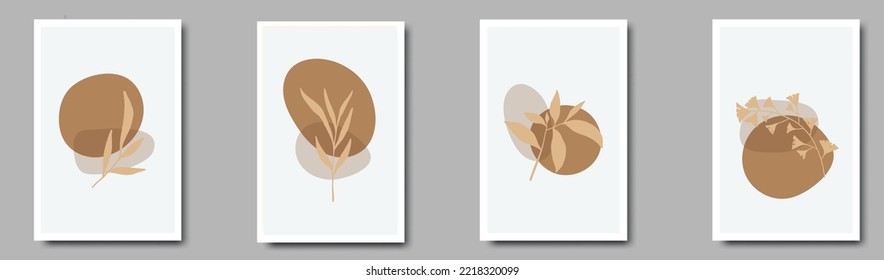 Set of minimalist botanical line art composition with leaves abstract collage
