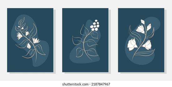Set of minimalist botanical vector illustration as line art compositions with leaves and flowers. Abstract Plant Art design for wall framed prints, canvas prints, poster, decor, cover, wallpaper.