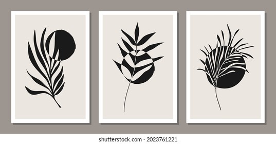 Set of minimalist botanical wall art composition with leaves abstract collage