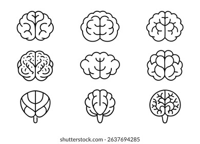 Set of minimalist brain icons, representing different states of mind and concepts. for science, education and health