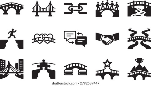 Set of minimalist bridge and connection icons in flat design style isolated on white