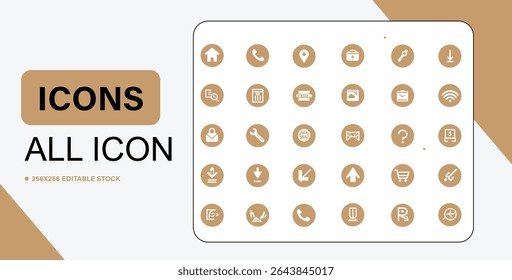 A set of minimalist brown icons representing various functions and features, suitable for user interface design and application development.