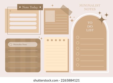 Set of minimalist brown paper notes vector. Aesthetic planner design for journaling, to do list, schedule, planning, reminder. Printable for taking notes. All element are isolated 