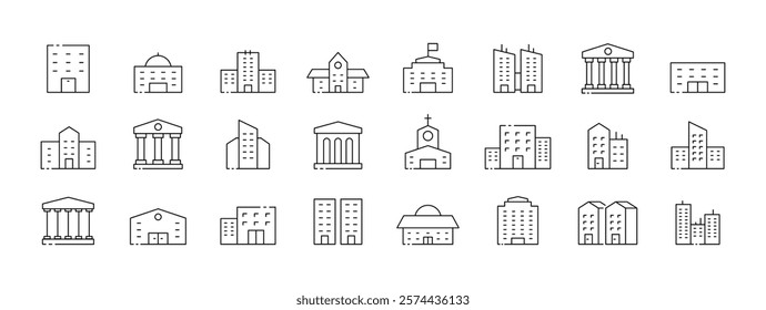 Set of minimalist building icons: churches, skyscrapers, libraries, schools, courthouses, towers. Vector icon