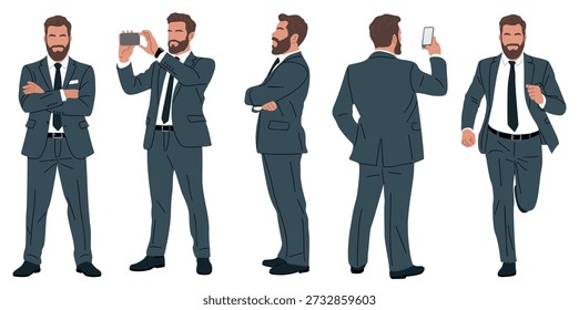 Set of minimalist businessman vector illustrations in suit, front, back, action, and smartphone poses isolated on white background, perfect for commercial use.