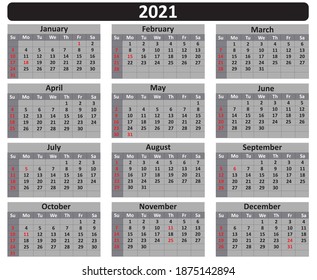Set of minimalist calendars year 2021,weeks start Sunday,Isolated vector illustration on white background,Printable Single Page calendar design,Calendar 2021 year for USA country with holidays