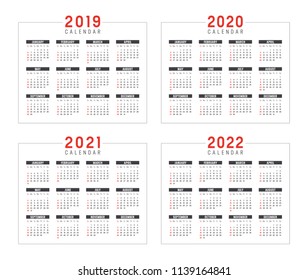 Set of minimalist calendars, years 2019 2020 2021 2022, weeks start Sunday, on white background - Vector templates.