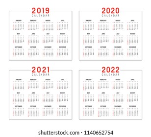Set of minimalist calendars, years 2019 2020 2021 2022, weeks start Sunday, on white background - Vector templates.