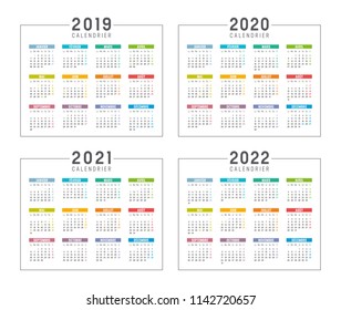 Set Of Minimalist Calendars, Years 2019 2020 2021 2022, In French Language, On White Background - Vector Templates.