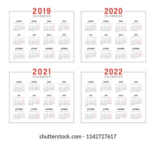 Set of minimalist calendars, years 2019 2020 2021 2022, in French language, on white background - Vector templates.