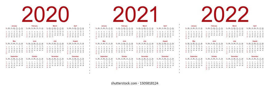 Set of minimalist calendars, years 2020 2021 2022, weeks start Sunday. Isolated vector illustration on white background.