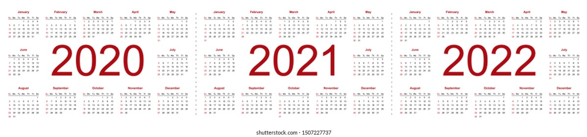 Set of minimalist calendars, years 2020 2021 2022, weeks start Sunday. Isolated vector illustration on white background.