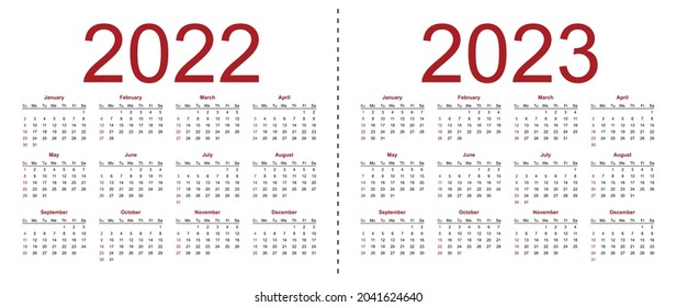 Set of minimalist calendars, years 2022 2023, weeks start Sunday. Isolated vector illustration on white background.