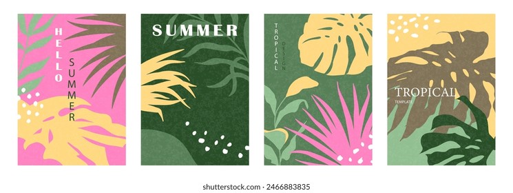 Set of minimalist cards with tropical leaves. Modern flat design with grainy texture. Creative template for promotional materials, sales, poster, branding and more.