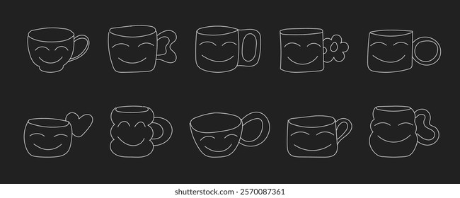 Set of minimalist cartoon coffee cups with smiling faces. Cute and simple outline illustrations of various mug designs. Trendy vector elements for cafe, coffee, or beverage themes.