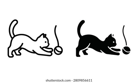 A set of minimalist cat icons featuring a kitten pouncing on a ball in both solid silhouette and outline styles.