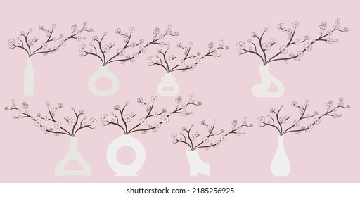 Set of Minimalist Ceramic Vase with cherry blossom or sakura branch