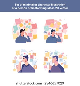 Set of minimalist character illustration of a person brainstorming ideas 2D vector.
