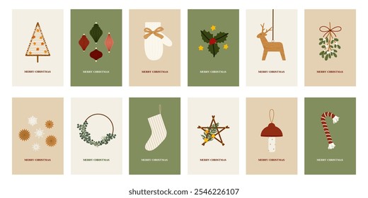 A set of minimalist Christmas cards with holiday elements tree, ornaments, stocking, reindeer, and mistletoe. Soft colors and simple designs create a festive, eco friendly aesthetic Vector