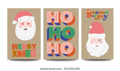 A set of minimalist Christmas greeting card vectors featuring text and illustrations of Santa on a beige background. Themes include Christmas celebration, holidays, winter, traditions, background