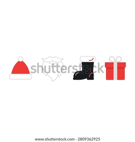 A set of minimalist Christmas icons including a Santa hat, beard, boot, and gift boxes.