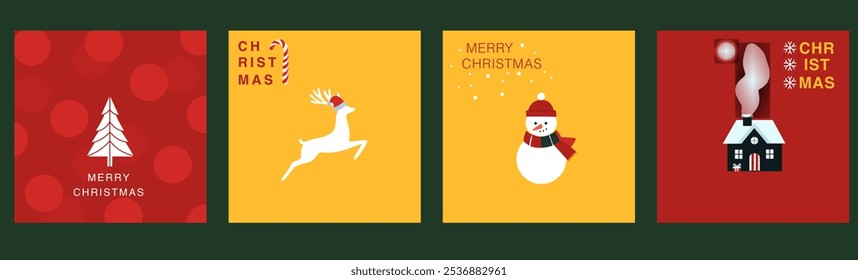 conjunto de ilustrações minimalistas de Natal com símbolos festivos como um boneco de neve, rena, árvore de Natal, casa e elementos decorativos de férias em vermelho, amarelo e verde. Cartões ou designs de férias 