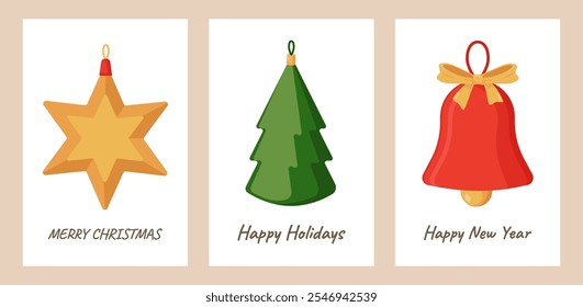 Set of minimalist Christmas and New Year cards with Christmas tree toys, decorations for tree. Happy holidays. Greeting cards for winter holidays. Vector illustration