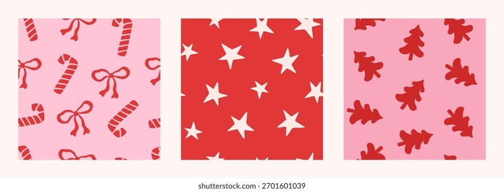 Set of minimalist Christmas patterns. Christmas tree, star, candy cane, bow.