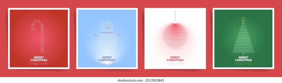 Set of minimalist Christmas posters with linear art illustrations of festive icons such as candy cane, snowman, ornaments, and Christmas trees. Simple cover or card design for Christmas and New Year