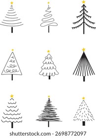 Set of minimalist Christmas tree illustrations in line art style with golden stars. Elegant black and white vector collection for modern holiday design, greeting cards, posters, and decorations.