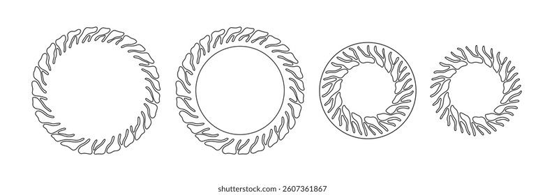 Set of minimalist circular frames with organic, flowing lines resembling roots or flames. Outline wreaths for text decoration, invitations and logo design