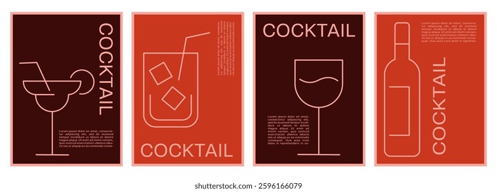  set of minimalist cocktail posters, line icons of cocktails like mojito, wine, margarita, place for text or menu