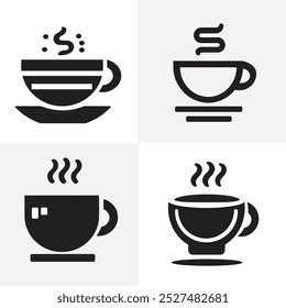 Set of minimalist coffee cup vector icons featuring hot beverages with steam. Perfect for branding, logos, menus, or promotional designs related to cafes, coffee shops, or tea houses. Includes a varie