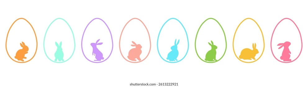 Set of minimalist colorful Easter bunny silhouettes in egg shapes. Design concept for greeting card or banner. Vector illustration