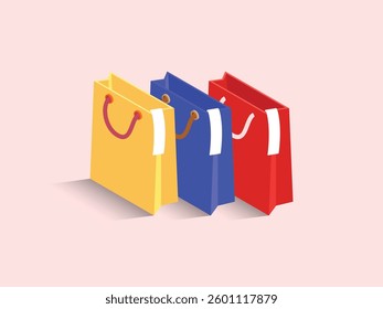 Set of Minimalist Colorful Empty Shopping Bags Isolated Sale and Gifts