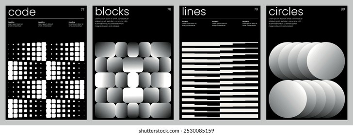 Conjunto de composiciones minimalistas con Formas geométricas en blanco y negro para póster, portada, tarjeta, flyer, folleto, portada o branding.