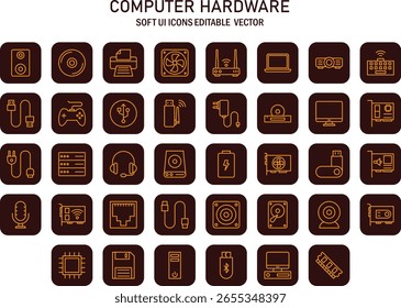 Set of minimalist computer hardware icons in rounded square shapes showcasing modern technology elements and essential