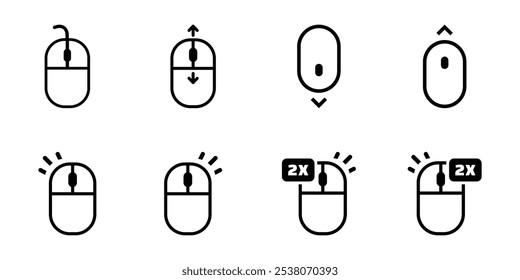 A set of minimalist computer mouse icons illustrating various functions, including left and right clicks, double-click, scroll wheel, scroll up and down, and wired mouse designs. Ideal for UI UX, app 