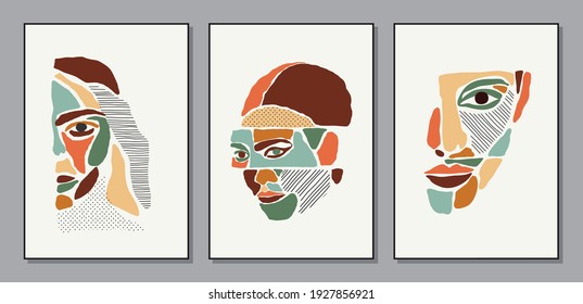 Set Of Minimalist Contemporary Portrait Of Bohemian Woman Beauty Surreal Face