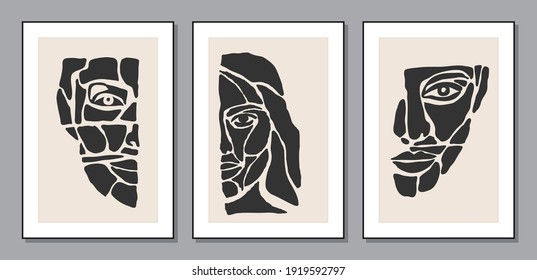 Set of minimalist contemporary portrait of woman beauty surreal face line art