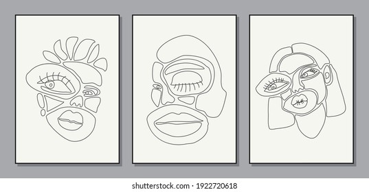 Set of minimalist contemporary portrait of woman beauty surreal face line art
