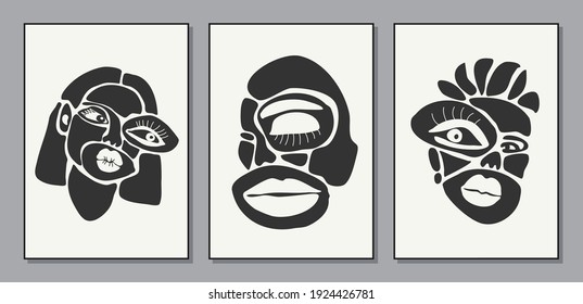 Set of minimalist contemporary portrait of woman beauty surreal face line art