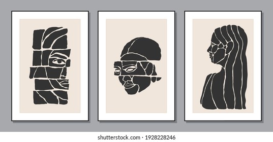 Set of minimalist contemporary portrait of woman beauty surreal face line art