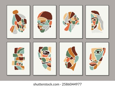 Set of minimalist contemporary portrait of woman beauty surreal face