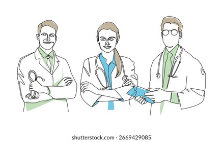 Conjunto de ilustraciones minimalistas de dibujos de líneas continuas de médicos. Trazo editable. Vector.